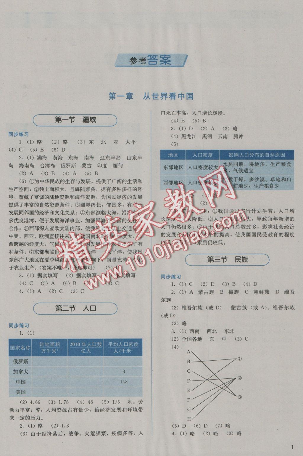 2016年人教金学典同步解析与测评八年级地理上册人教版 参考答案第1页