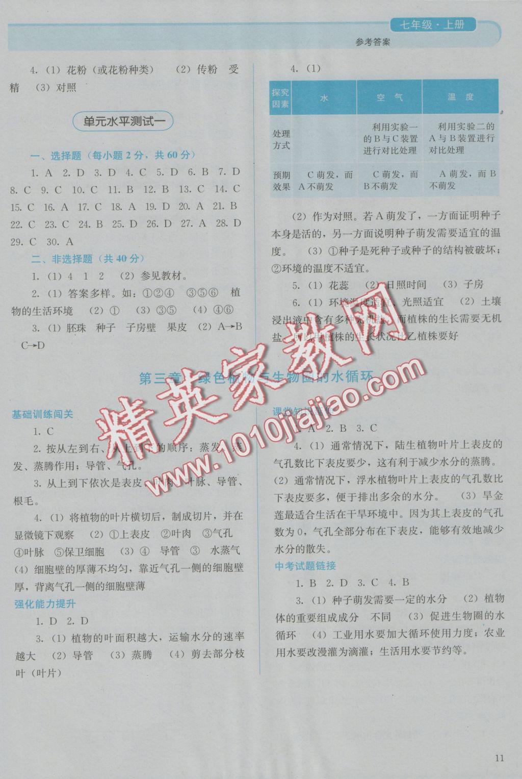 2016年人教金學(xué)典同步解析與測(cè)評(píng)七年級(jí)生物學(xué)上冊(cè)人教版 參考答案第11頁(yè)