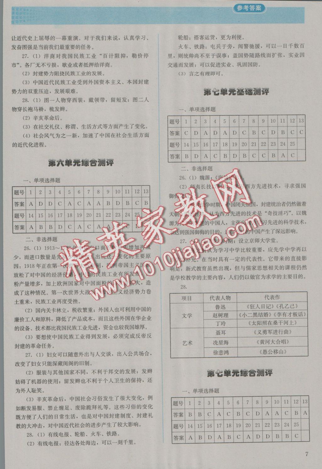 2016年人教金学典同步解析与测评八年级中国历史上册人教版 参考答案第7页