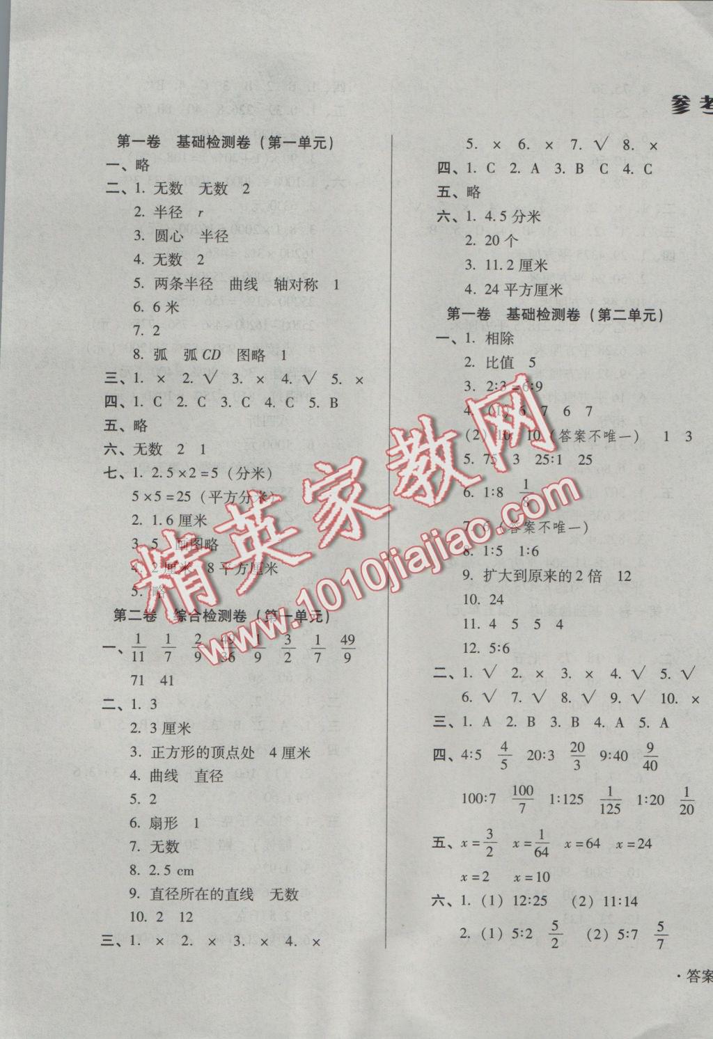 2016年单元检测卷六年级数学上册 参考答案第1页