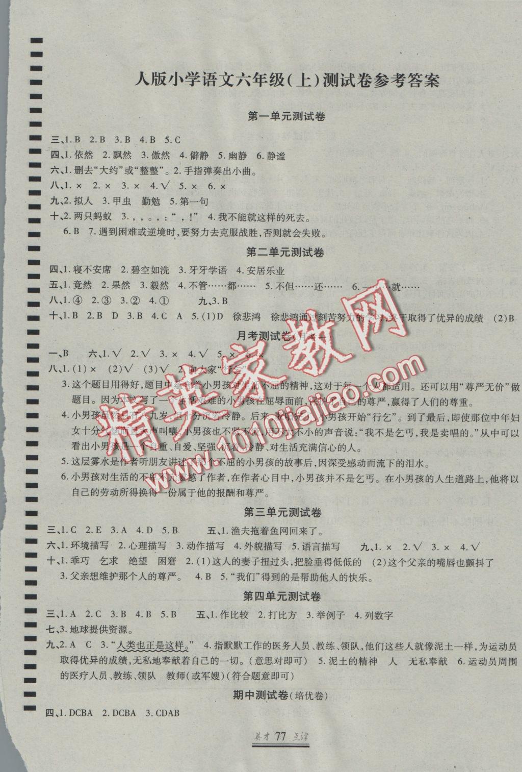 2016年英才點(diǎn)津六年級(jí)語(yǔ)文上冊(cè)人教版 參考答案第1頁(yè)