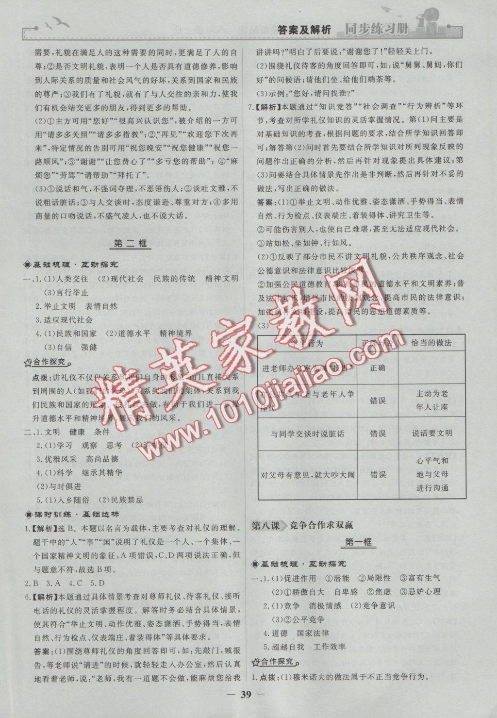 2016年同步练习册八年级思想品德上册人教版人民教育出版社 参考答案第15页