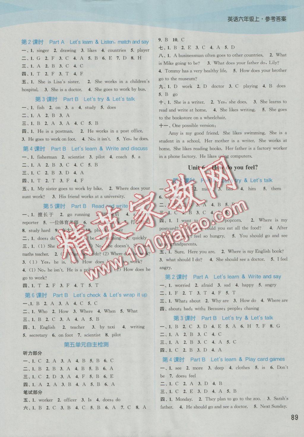 2016年通城學典課時作業(yè)本六年級英語上冊人教PEP版 參考答案第9頁