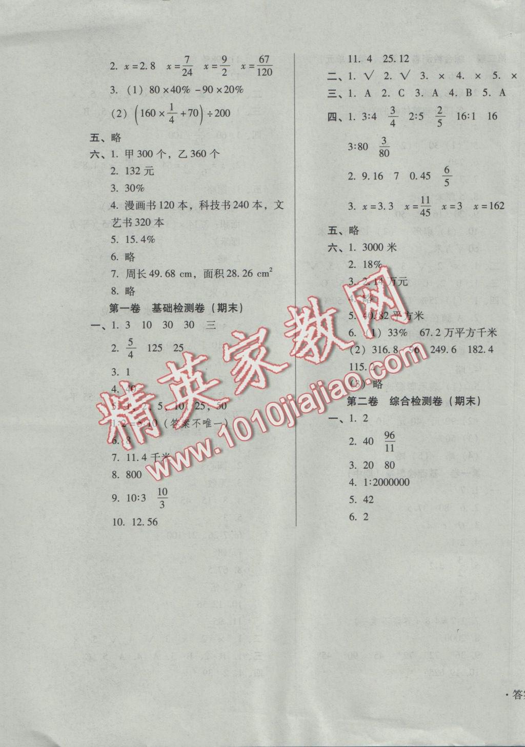 2016年单元检测卷六年级数学上册 参考答案第7页