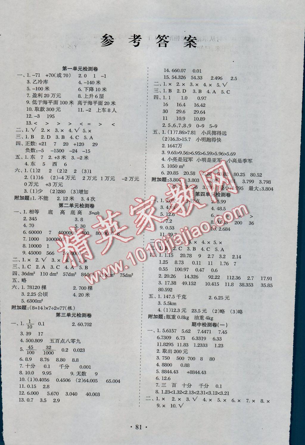 2016年新題型黃岡全程檢測100分五年級數(shù)學上冊蘇教版 參考答案第1頁