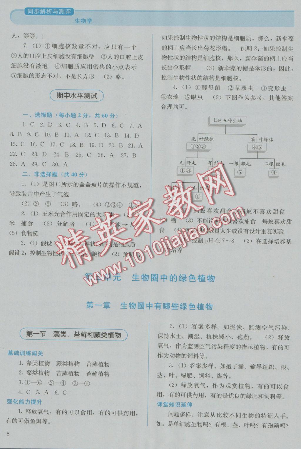 2016年人教金学典同步解析与测评七年级生物学上册人教版 参考答案第8页