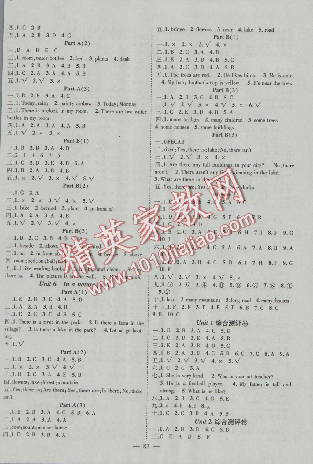 2016年優(yōu)質(zhì)課堂導(dǎo)學(xué)案五年級英語上冊人教PEP版 參考答案第7頁