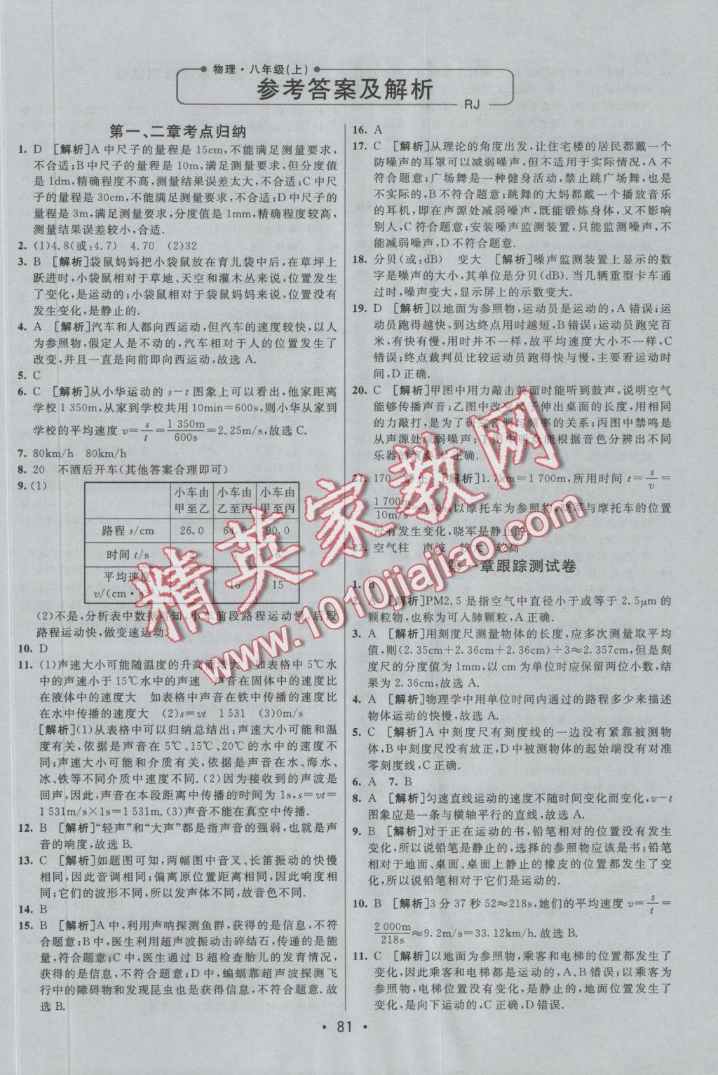 2016年期末考向標(biāo)海淀新編跟蹤突破測試卷八年級物理上冊人教版 參考答案第1頁