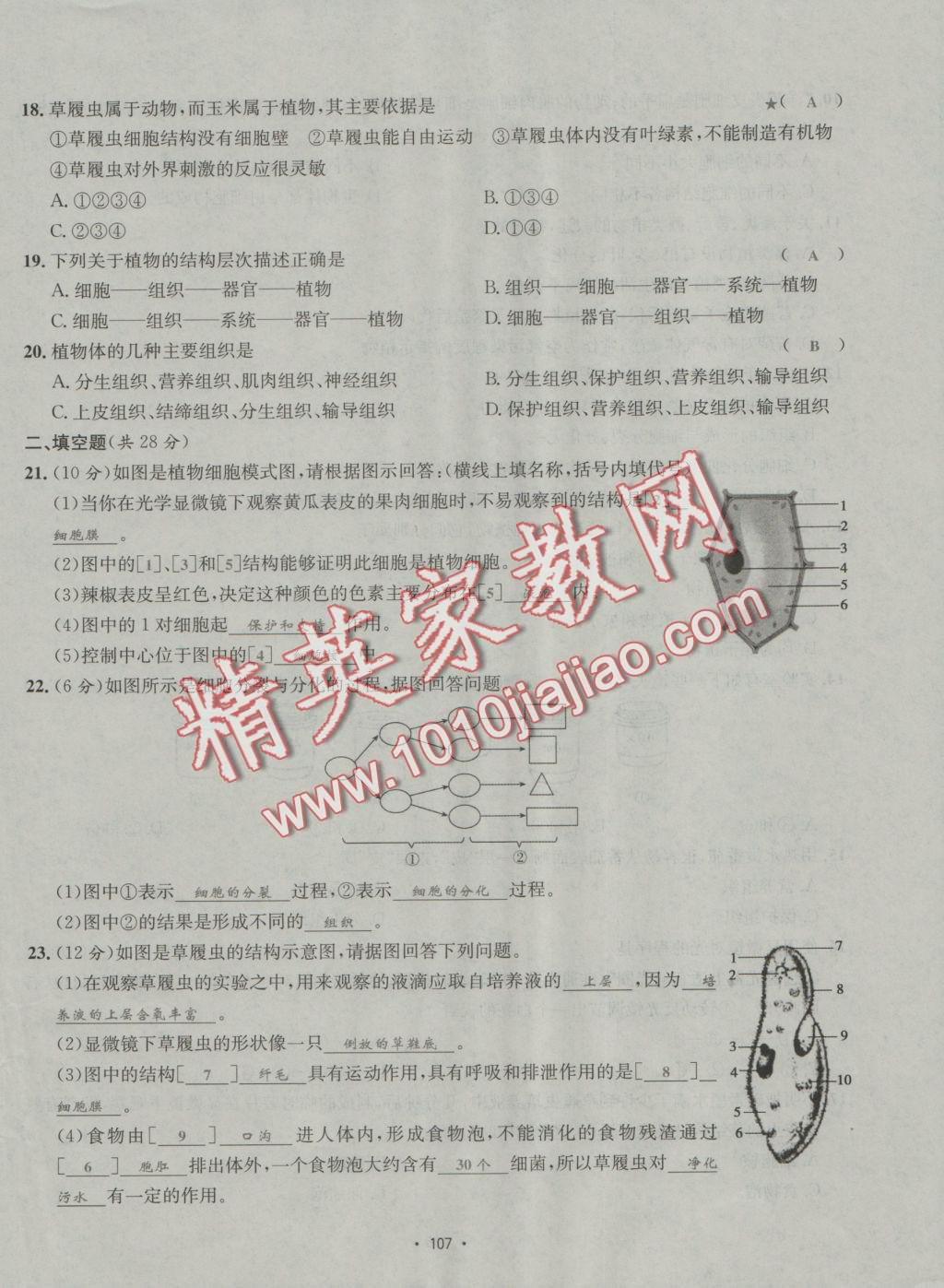 2016年優(yōu)學(xué)名師名題七年級(jí)生物上冊(cè)江蘇版 測(cè)試卷答案第15頁