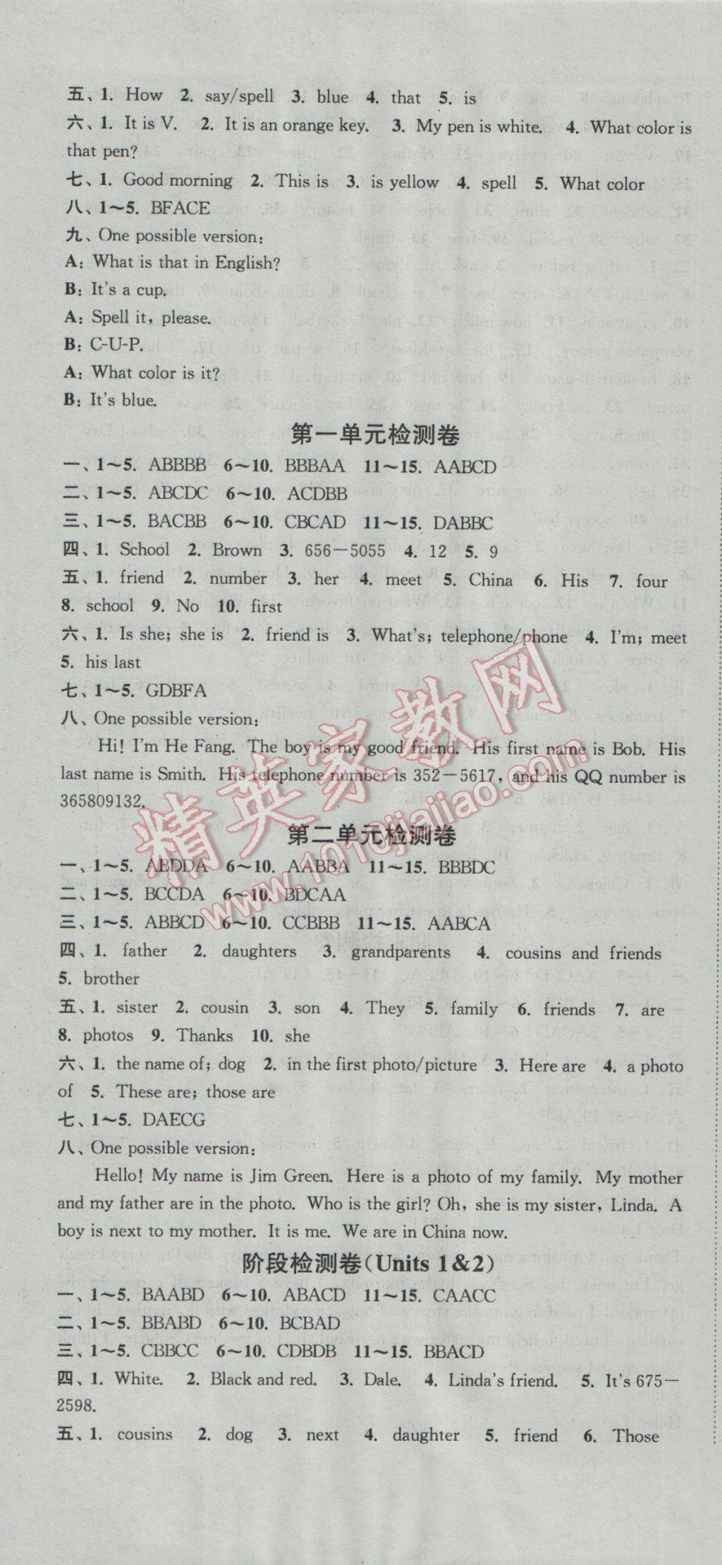 2016年通城學(xué)典活頁檢測七年級(jí)英語上冊人教版 參考答案第7頁