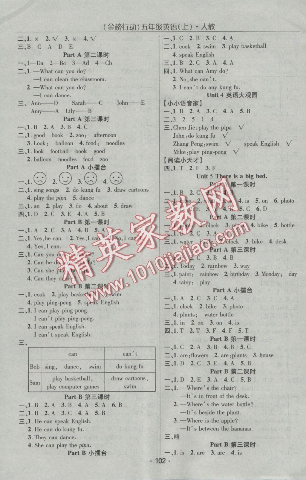 2016年金榜行動高效課堂助教型教輔五年級英語上冊人教PEP版 參考答案第3頁