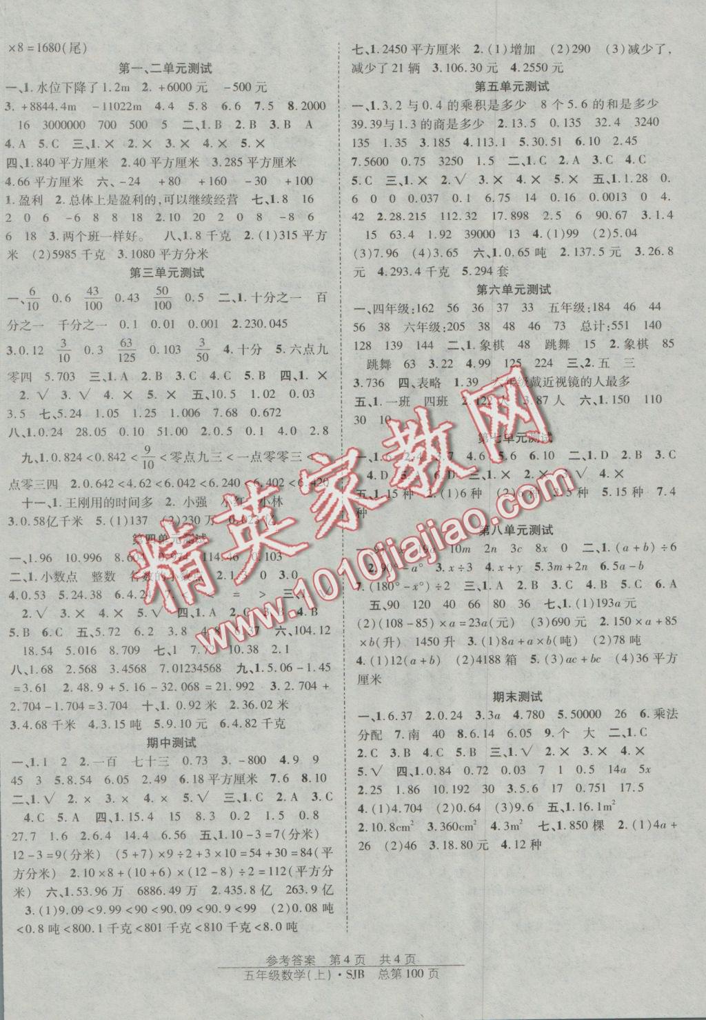 2016年陽光訓(xùn)練課時(shí)作業(yè)五年級數(shù)學(xué)上冊蘇教版 參考答案第4頁