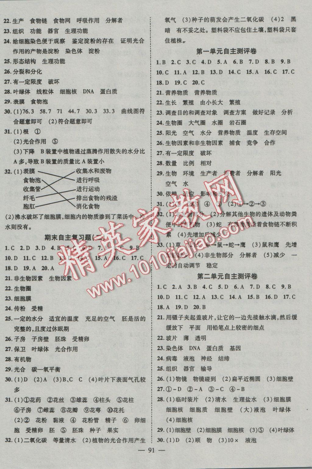 2016年优质课堂导学案七年级生物上册人教版 参考答案第7页