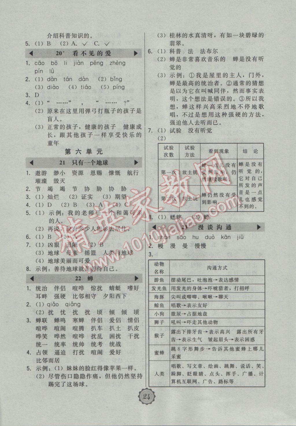 2016年北大綠卡小學(xué)語文五年級(jí)上冊(cè)北京課改版 參考答案第6頁