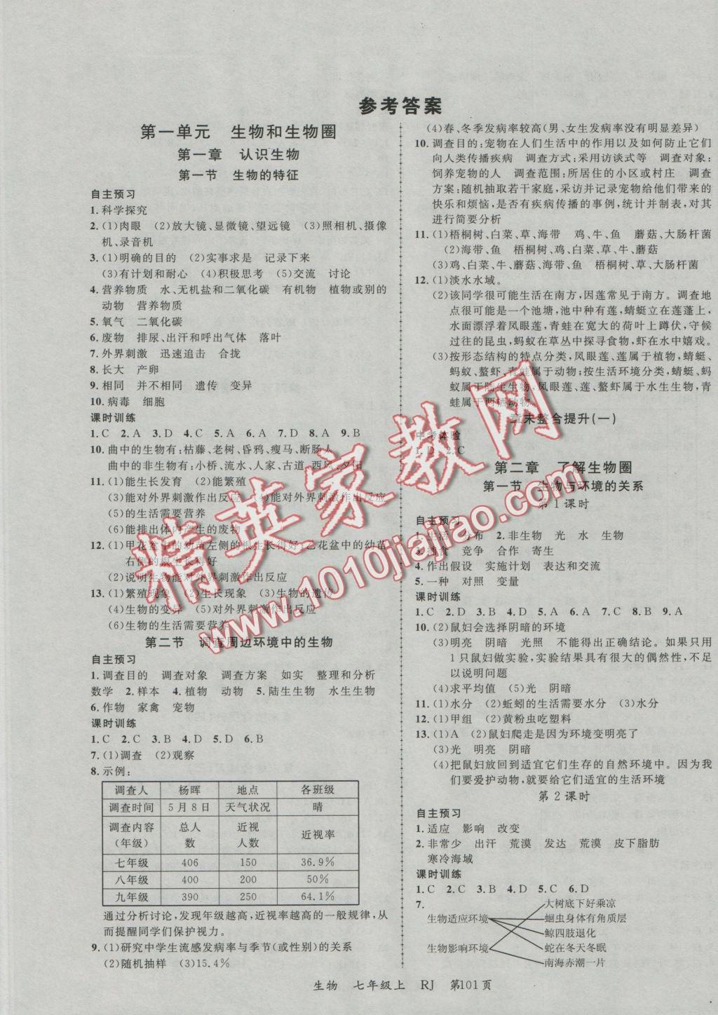 2016年一线课堂学业测评七年级生物上册人教版 参考答案第1页