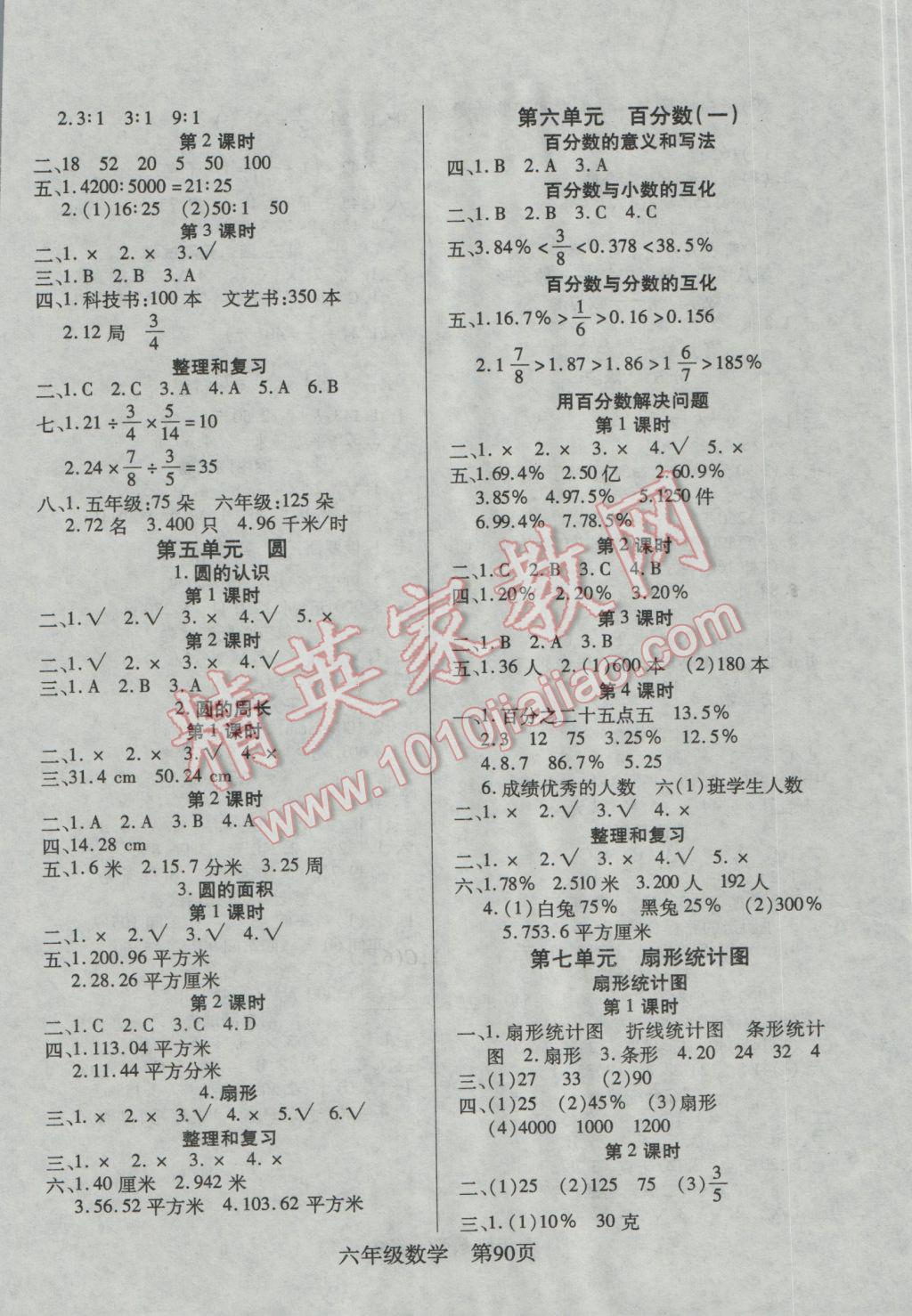 2016年淘金先锋课堂六年级数学上册人教版 参考答案第2页