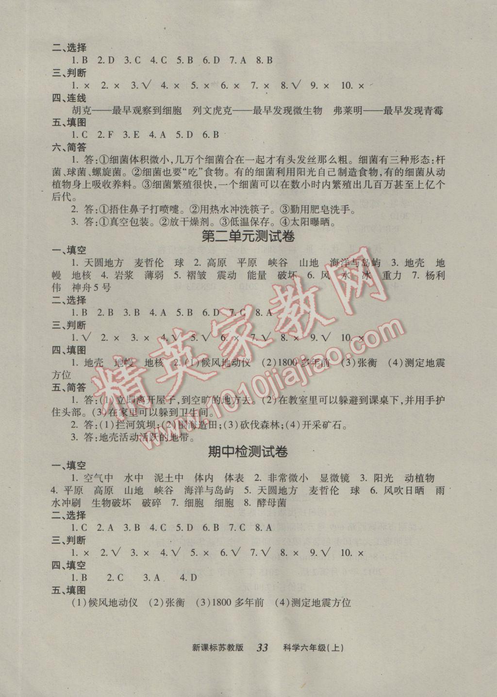 2016年優(yōu)效學習練創(chuàng)考六年級科學上冊蘇教版 參考答案第5頁