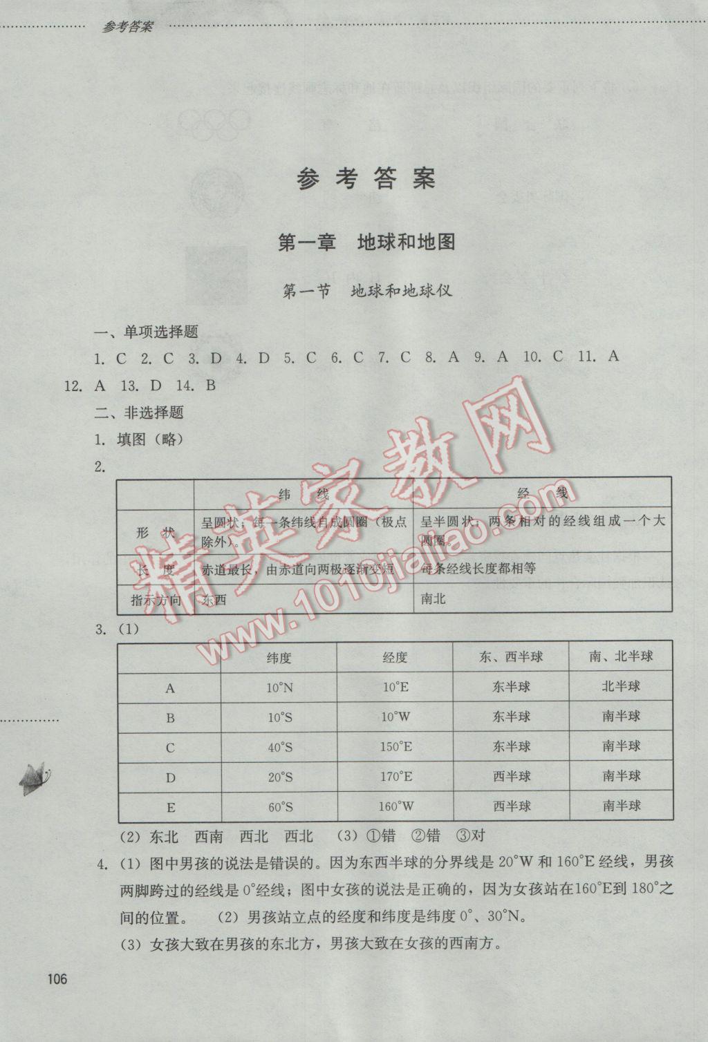 2016年同步訓(xùn)練六年級(jí)地理上冊(cè)山東文藝出版社 參考答案第1頁(yè)