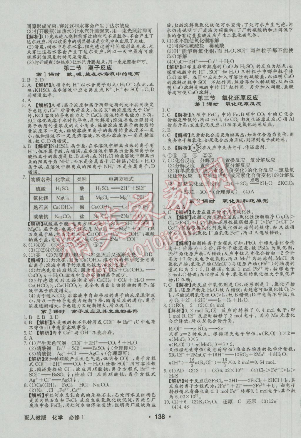 高中新課標(biāo)同步用書(shū)全優(yōu)課堂化學(xué)必修1人教版 參考答案第16頁(yè)