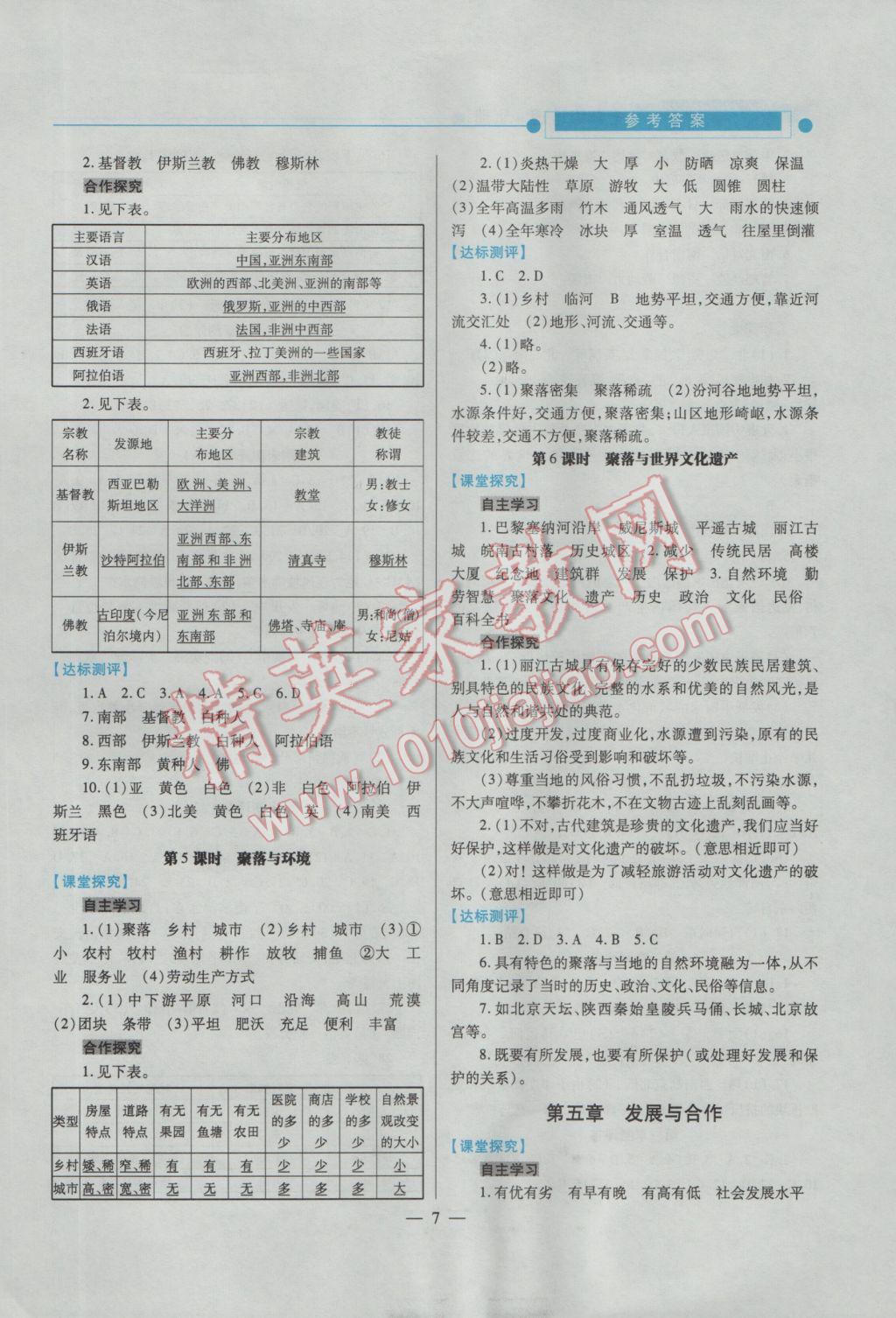 2016年績(jī)優(yōu)學(xué)案七年級(jí)地理上冊(cè)人教版 參考答案第7頁(yè)