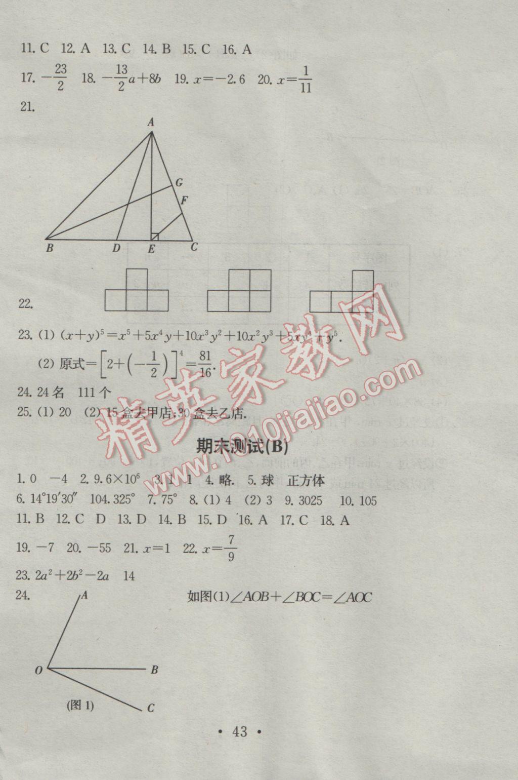 2016年综合素质学数学随堂反馈七年级上册 参考答案第43页