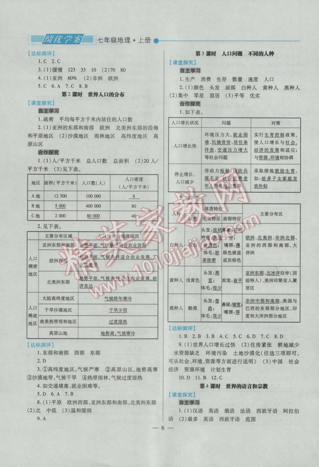 2016年績優(yōu)學(xué)案七年級(jí)地理上冊(cè)人教版 參考答案第6頁