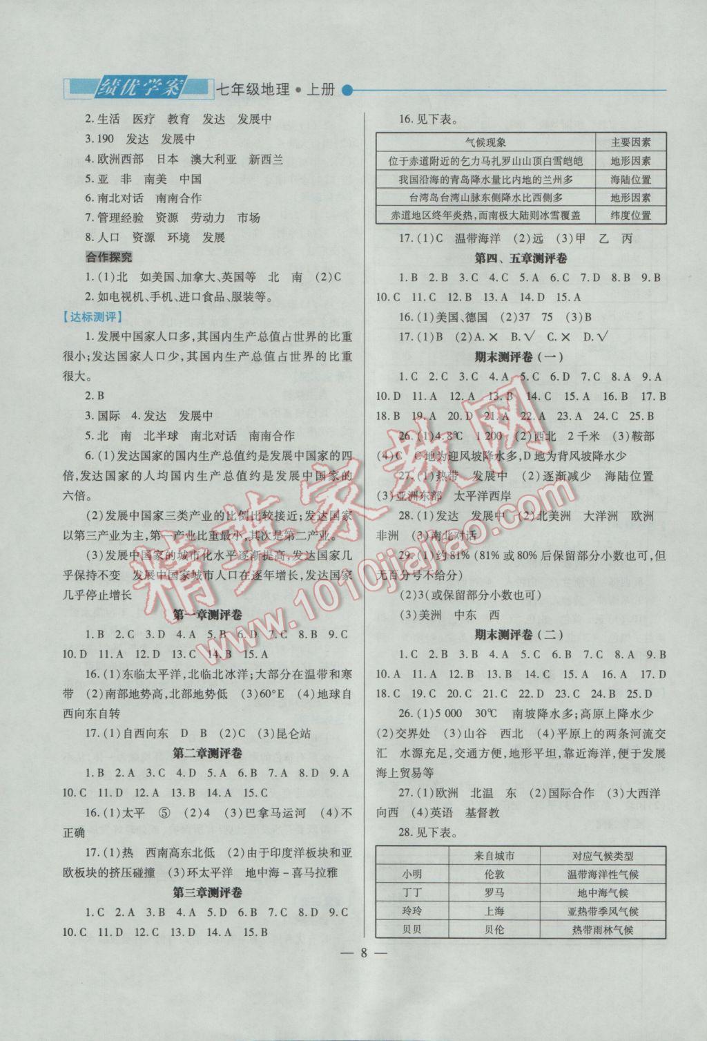 2016年绩优学案七年级地理上册人教版 参考答案第8页