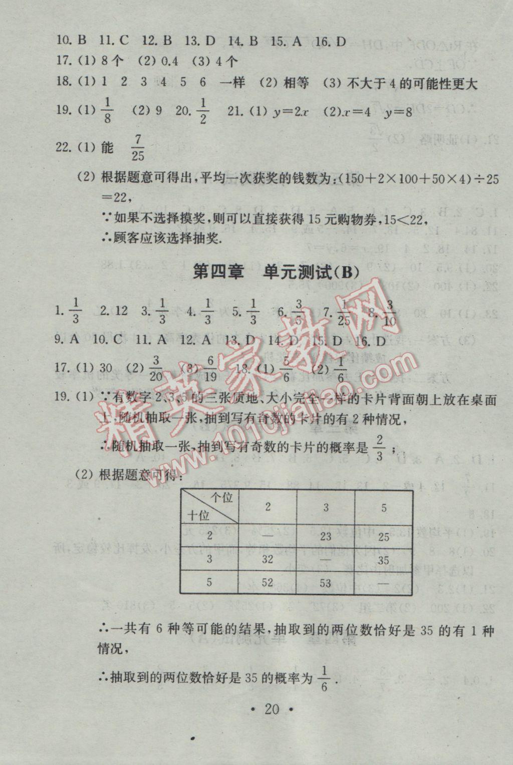 2016年综合素质学数学随堂反馈九年级上册 参考答案第20页