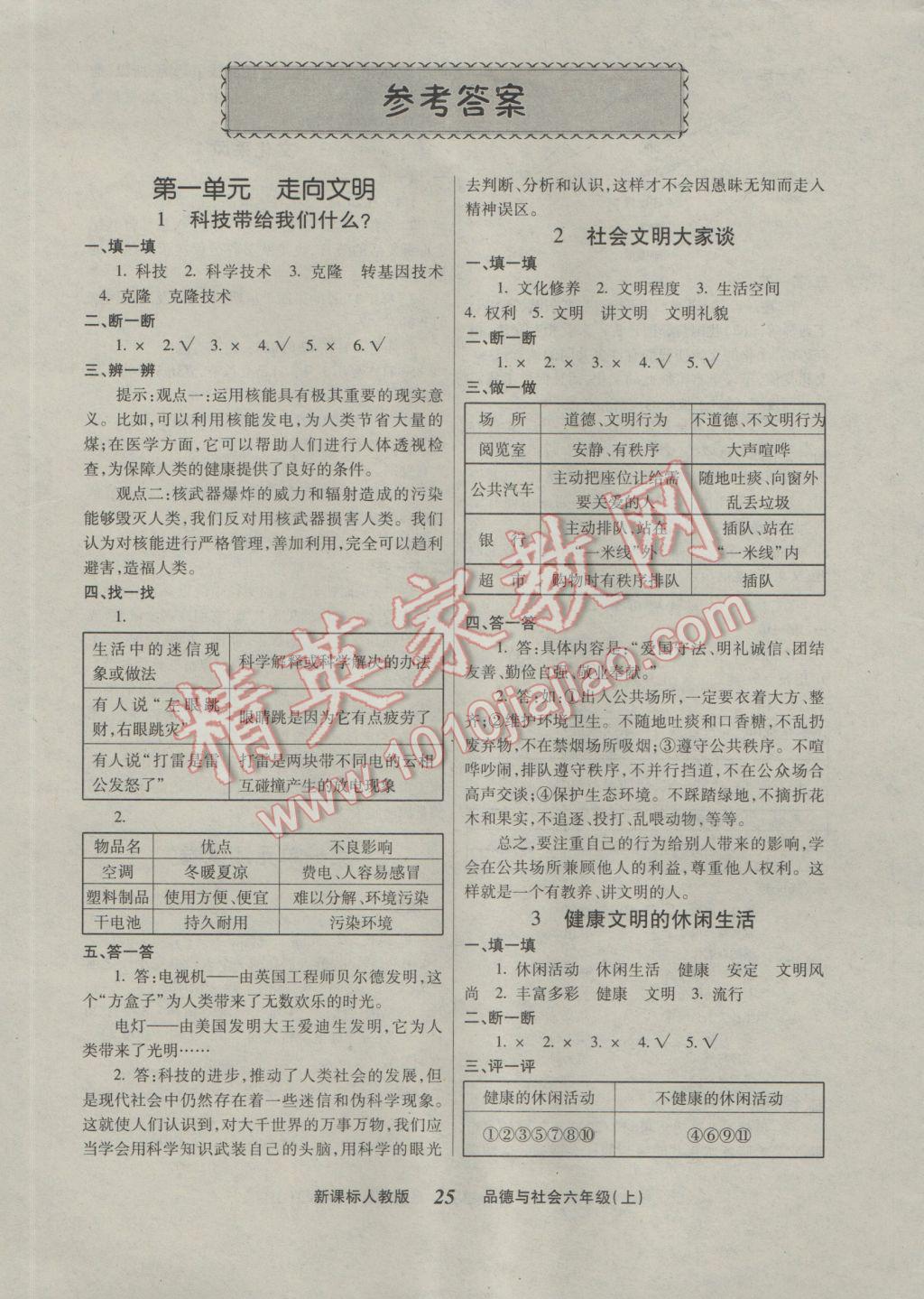 2016年優(yōu)效學(xué)習(xí)練創(chuàng)考六年級品德與社會(huì)上冊人教版 參考答案第1頁