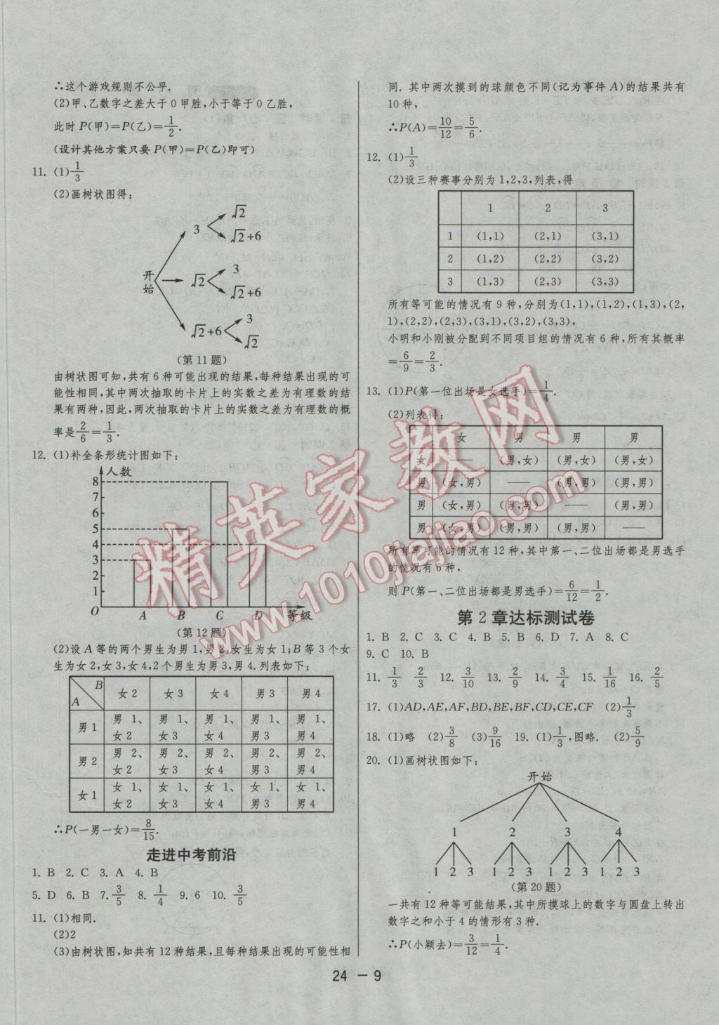 2016年1课3练单元达标测试九年级数学上册浙教版 参考答案第9页