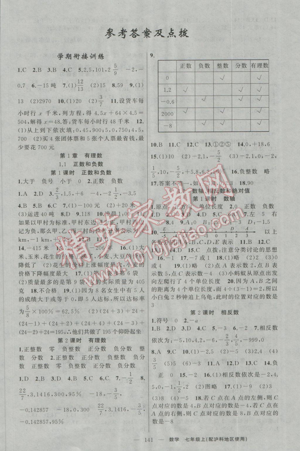 2016年黃岡金牌之路練闖考七年級數(shù)學(xué)上冊滬科版 參考答案第1頁