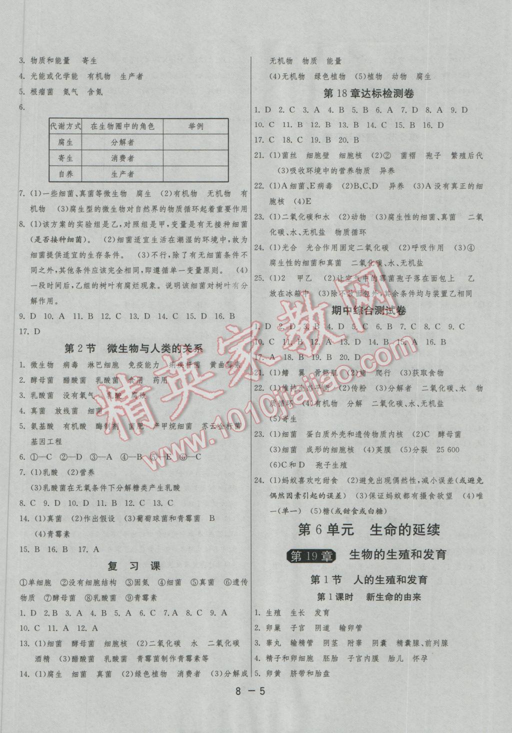 2016年1课3练单元达标测试八年级生物学上册北师大版 参考答案第5页