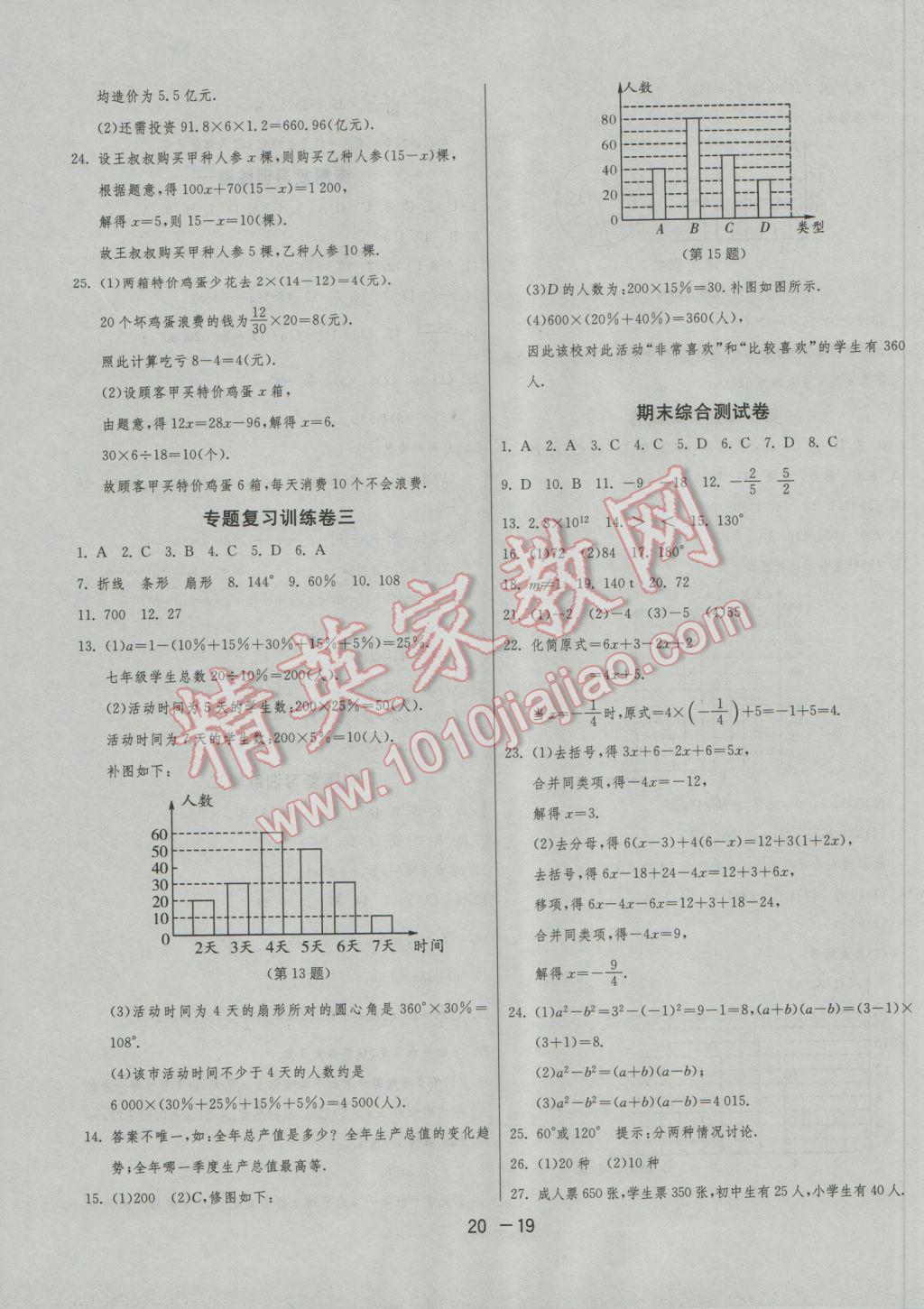 2016年1課3練單元達(dá)標(biāo)測(cè)試七年級(jí)數(shù)學(xué)上冊(cè)湘教版 參考答案第19頁(yè)