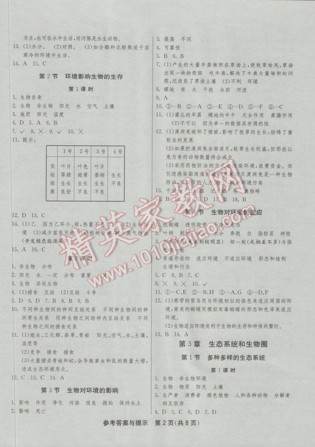 2016年1课3练单元达标测试七年级生物学上册苏科版 参考答案第2页