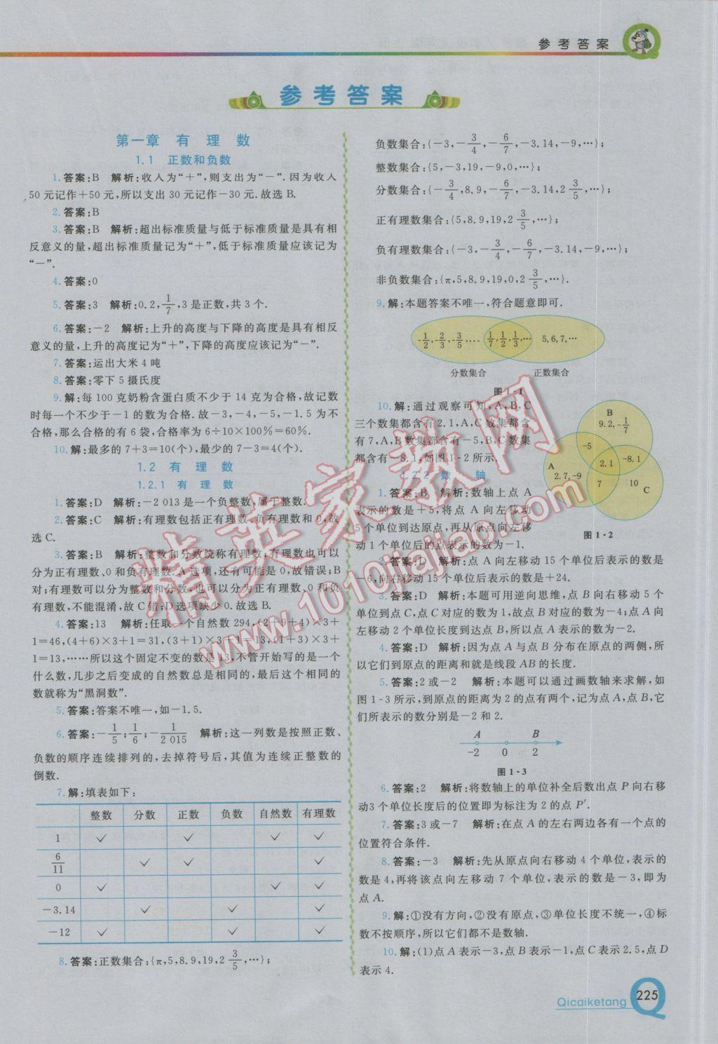 2016年初中一点通七彩课堂七年级数学上册人教版 参考答案第1页