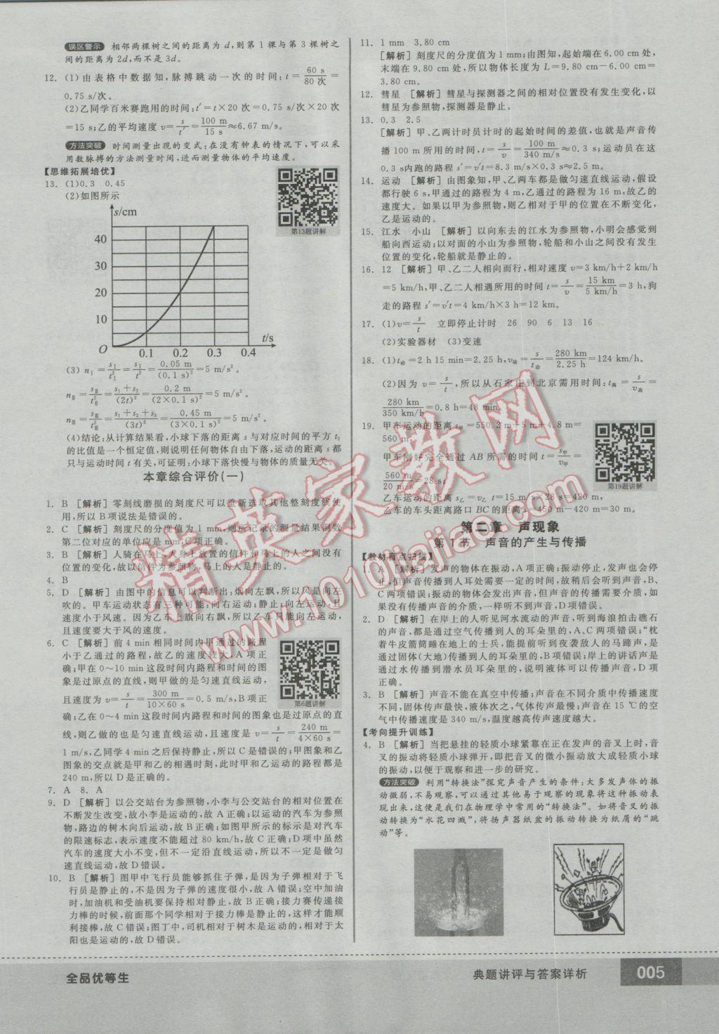 2016年全品優(yōu)等生八年級物理上冊人教版 參考答案第5頁