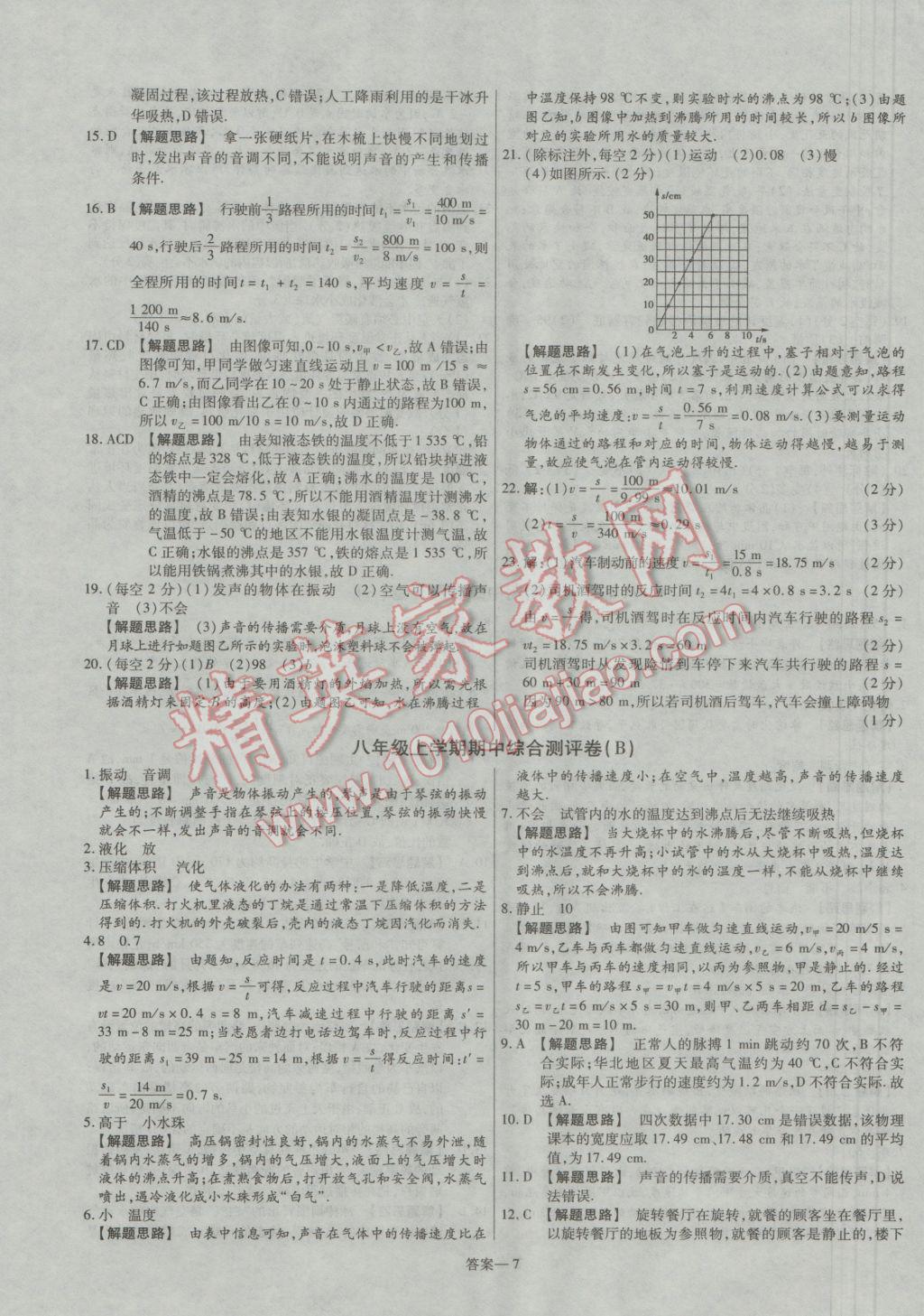 2016年金考卷活页题选八年级物理上册人教版 参考答案第7页