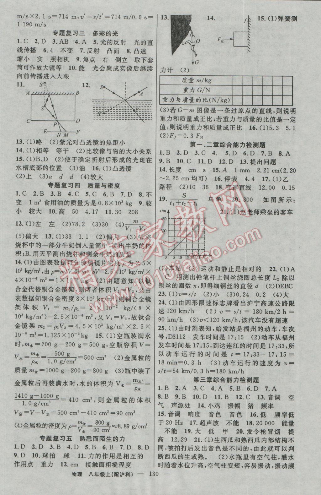 2016年黄冈金牌之路练闯考八年级物理上册沪科版 参考答案第10页