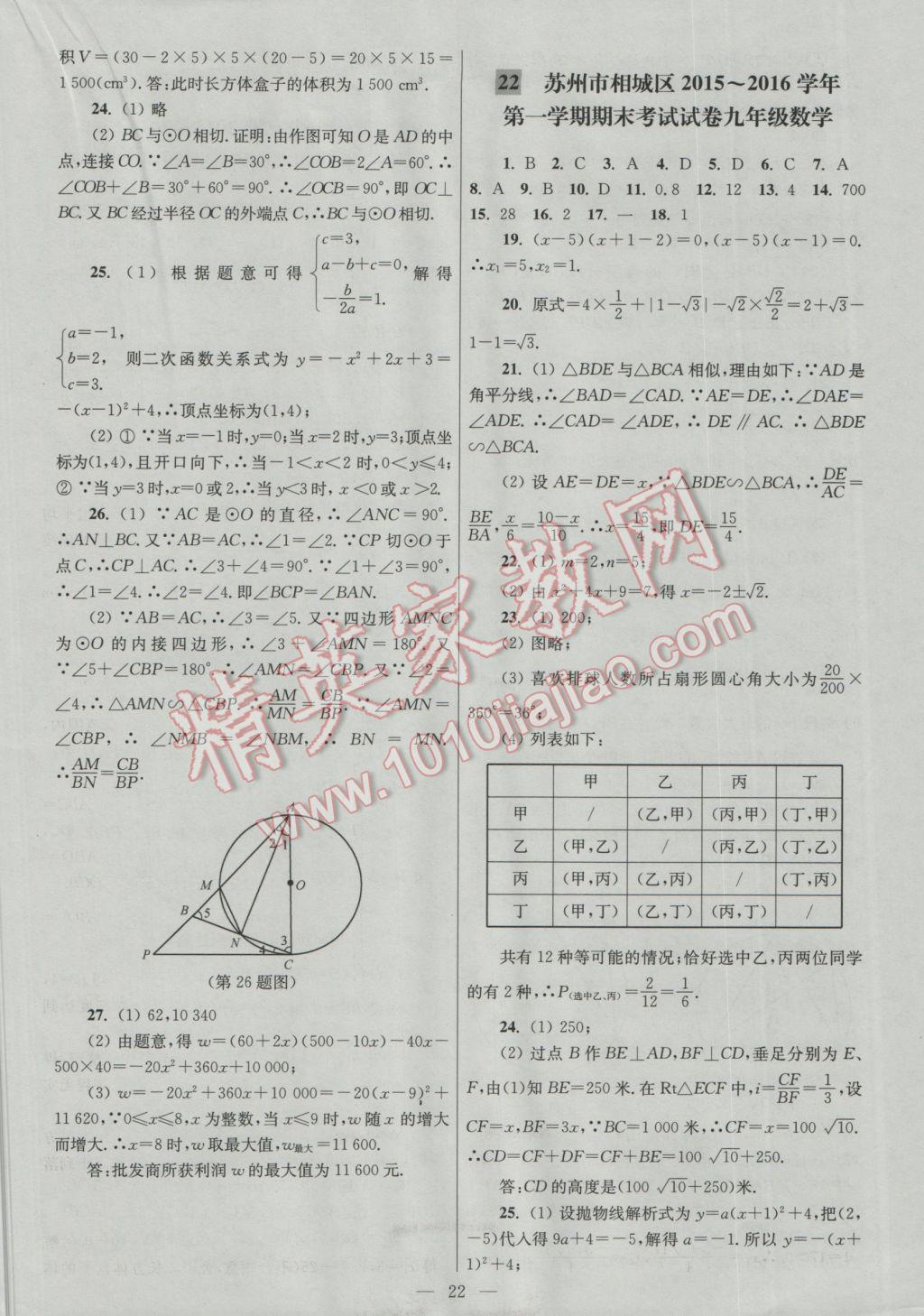 2016年亮點(diǎn)給力大試卷九年級數(shù)學(xué)上冊 參考答案第22頁