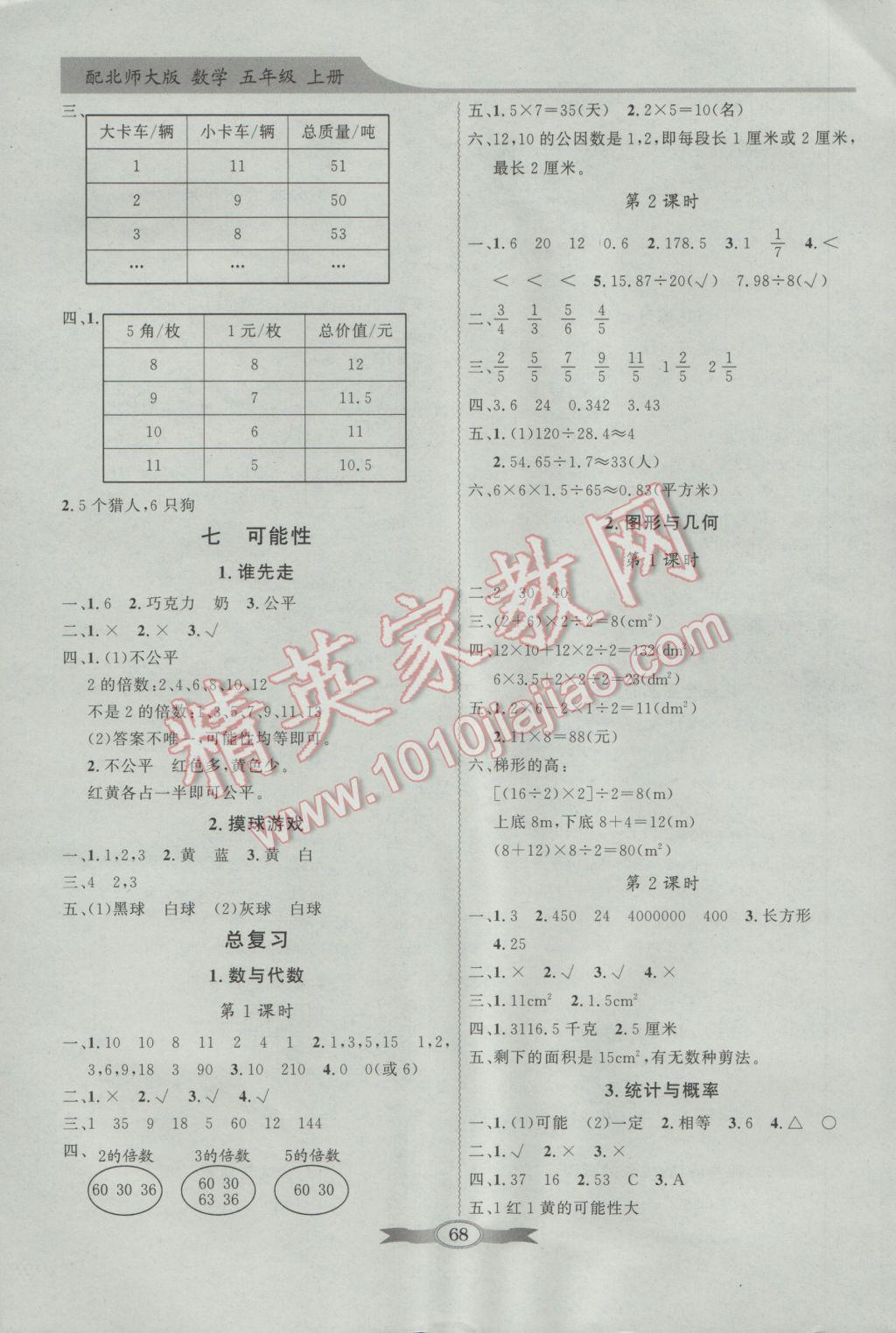 2016年同步导学与优化训练五年级数学上册北师大版 参考答案第8页