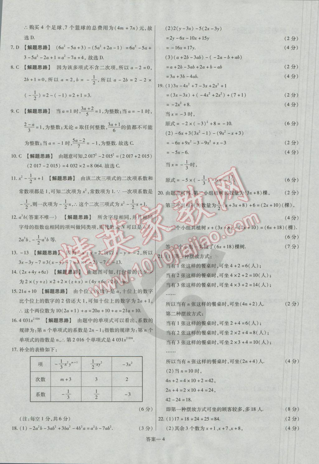 2016年金考卷活頁(yè)題選七年級(jí)數(shù)學(xué)上冊(cè)人教版 參考答案第4頁(yè)