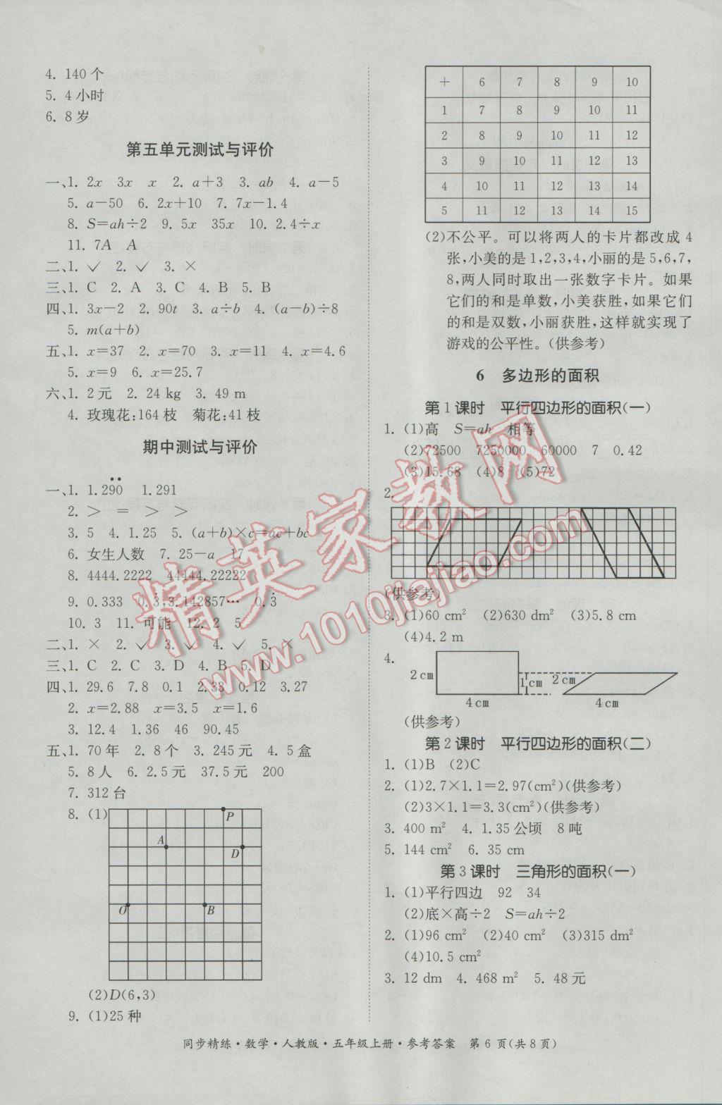 2016年同步精练五年级数学上册人教版 参考答案第6页