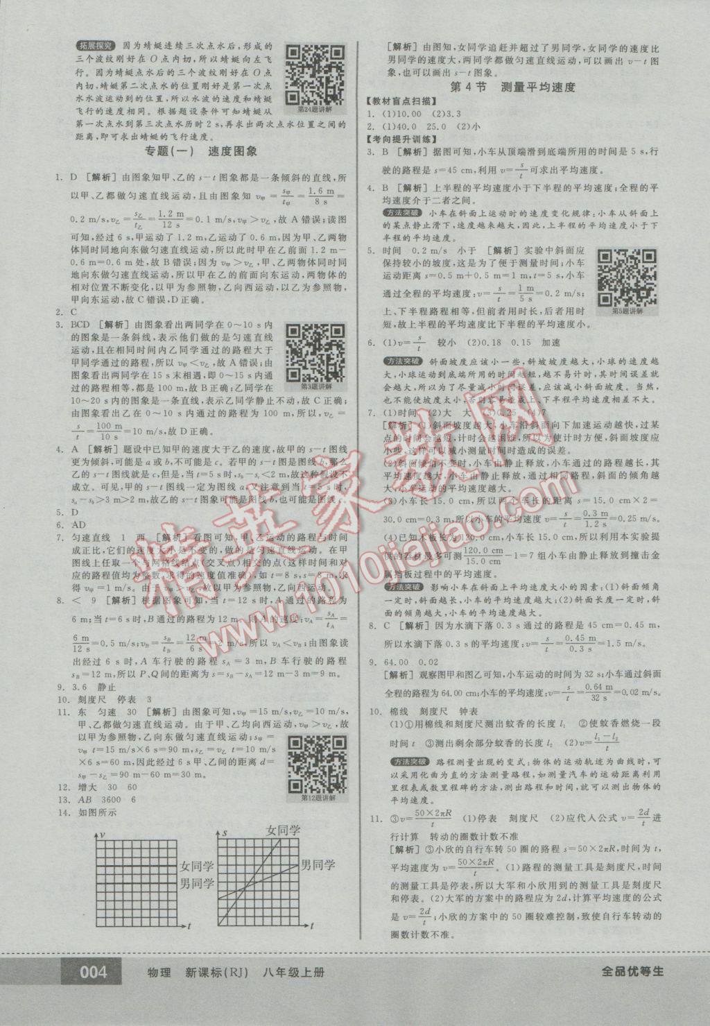 2016年全品优等生八年级物理上册人教版 参考答案第4页