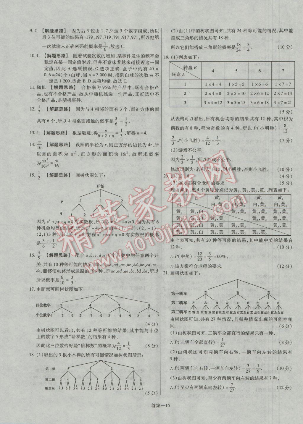 2016年金考卷活頁題選九年級數(shù)學上冊華師大版 參考答案第15頁