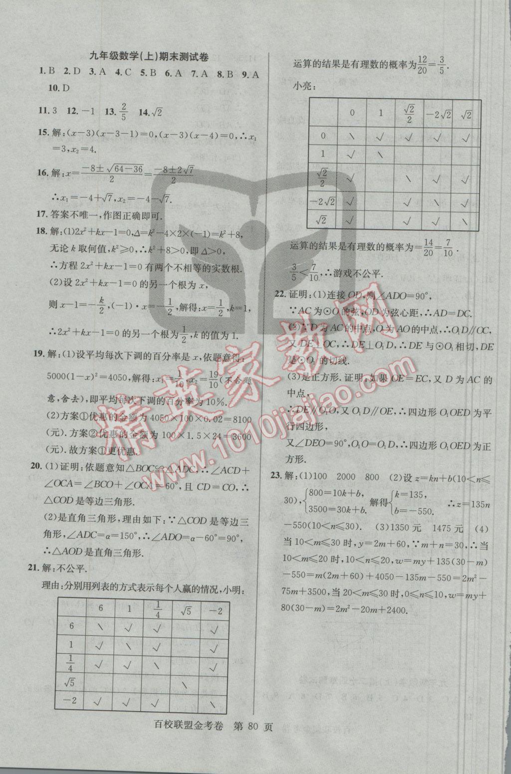 2016年百校聯(lián)盟金考卷九年級(jí)數(shù)學(xué)上冊(cè)人教版 參考答案第8頁