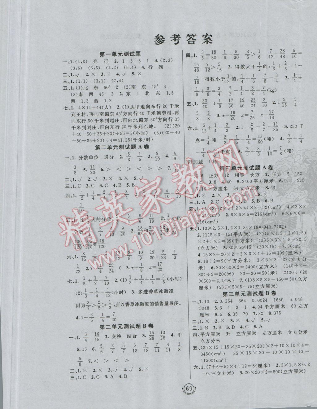 2016年海淀單元測(cè)試AB卷五年級(jí)數(shù)學(xué)上冊(cè)青島版 參考答案第1頁(yè)