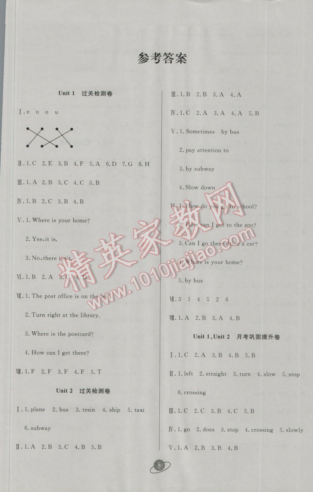 2016年核心360小学生赢在100六年级英语上册人教PEP版 参考答案第1页