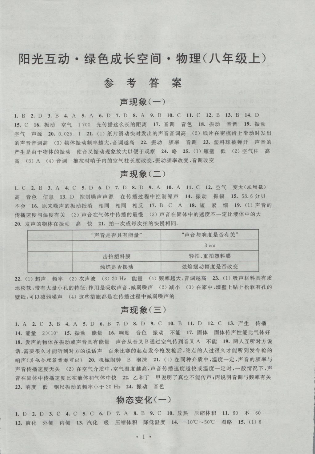 2016年阳光互动绿色成长空间八年级物理上册 参考答案第1页