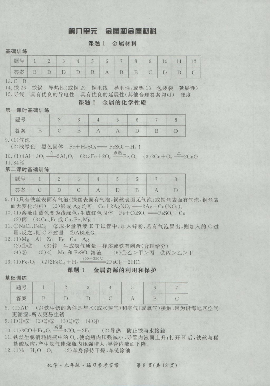 2016年新課標形成性練習與檢測九年級化學全一冊 參考答案第8頁