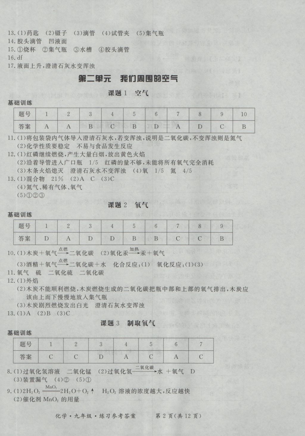 2016年新課標(biāo)形成性練習(xí)與檢測九年級化學(xué)全一冊 參考答案第2頁